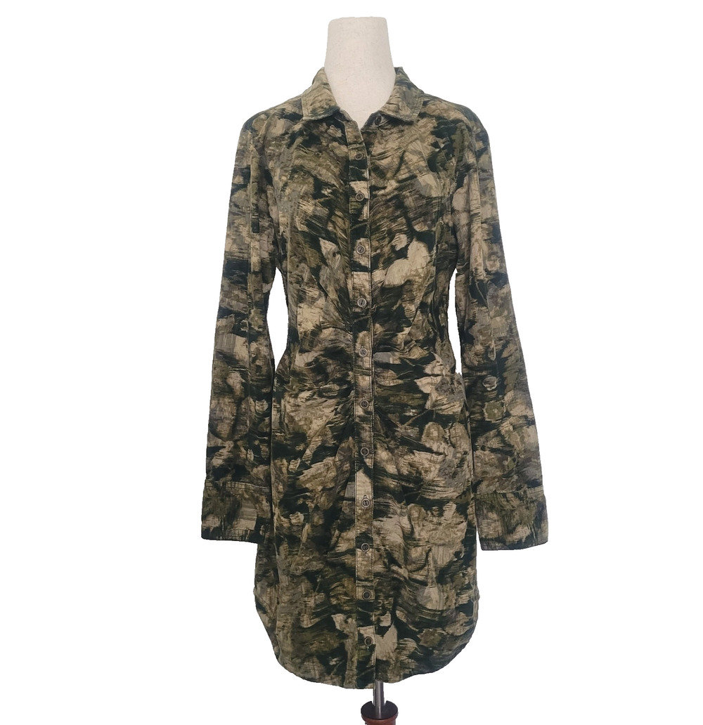 Pilcro Ruched Corduroy Shirt Dress Size 10 Abstract Camo Grunge Indie Sleaze